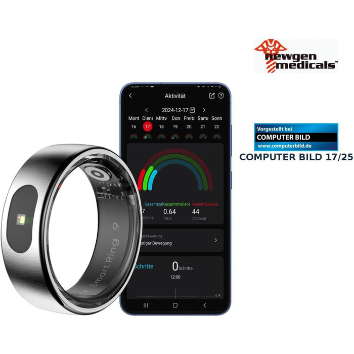 Фітнес-кільце Newgen Medicals для чоловіків фітнес-кільце, сенсорне керування, пульс, SpO2, 5 атм, розмір 57 (розумне з вимірюванням пульсу, крокомір, смарт-годинник)