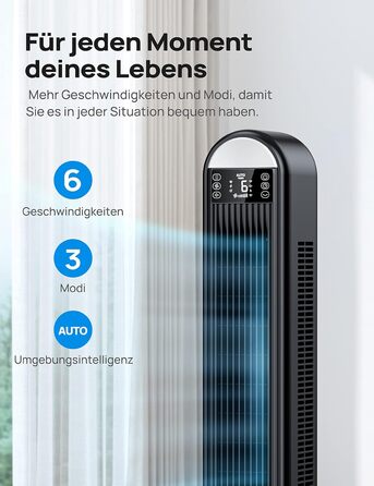 Розумний безшумний баштовий вентилятор Dreo 25 дБ з охолодженням, 106 см вентилятор з WiFi Alexa, коливальний вентилятор 90, пульт