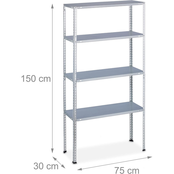 Надміцна полиця, вантажопідйомність 200 кг, 4 рівні, ВхШхГ 150 х 75 х 30 см, льох і гараж, сталь, оцинкована, срібло, 2 шт.