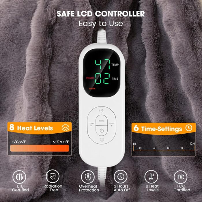 Електрична ковдра з підігрівом Uplayteck, 200x150 см, 8 температурних режимів, 6 таймерів, електрична ковдра з підігрівом та автоматичним вимиканням, швидкий нагрів, м&39яка фланелева ковдра, яку можна прати