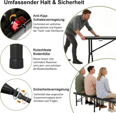 Набір для пивного саду, 3 предмети, 1 пивний стіл 2 пивні лавки, складаний набір для пивного саду з ручками для перенесення, комплект пивних столів 180 см з ротанговим ефектом, водонепроникний, чорний. 1 пивний стіл 2 пивні лавки, чорний.