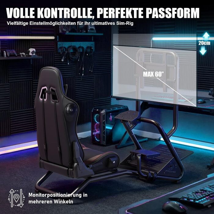 Кабіна симулятора GTPLAYER, підставка для керма для гоночного симулятора з 3D-стереодинаміками, кріпленням для монітора, регульованим кріпленням для керма, кріпленням для перемикання передач та педалями (чорна)