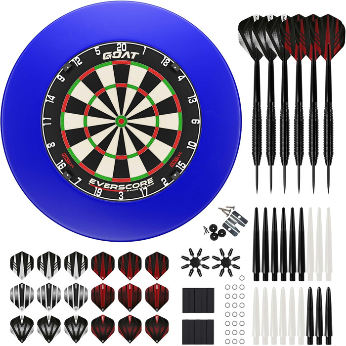 Набір сталевих мішень для дартсу Everscore NXT LVL, включаючи оправу для дротиків (12 см) та набір аксесуарів для дротиків KOTO Steeltip Black, 90 предметів, професійна сизалева мішень для дартсу з синього кольору Мадагаскару.