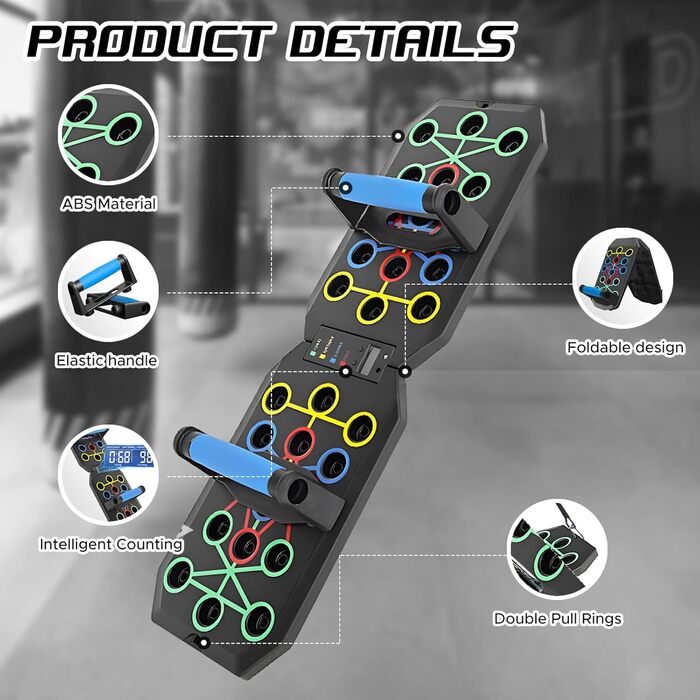 Дошка для віджимань, віджимання з ручкою та таймером відліку, складна багатофункціональна фітнес-дошка, дошка для тренувань віджимань з 2 еластичними канатами опору для тренування м&39язів та фітнесу