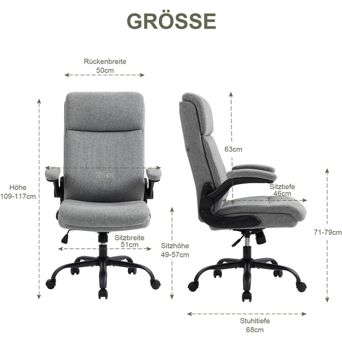 Ергономічне офісне крісло CASTLOVE - Робоче крісло зі спинкою - Відкидні підлокітники - Висока спинка - Регульована висота - Функція гойдання (Тканина офісного крісла сірого кольору, макс. 150 кг)