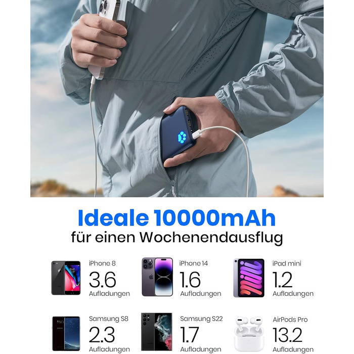 Найтонший і найлегший зовнішній акумулятор USB C 10000 мАг, ТРИ виходи 3A для мобільного телефону Power Bank з ліхтариком для iPho