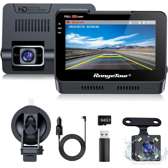 Відеореєстратор автомобільний передній задній з 64GB SD картою, 4.3-дюймовий IPS екран автомобільної камери 1080P FHD відеореєстра