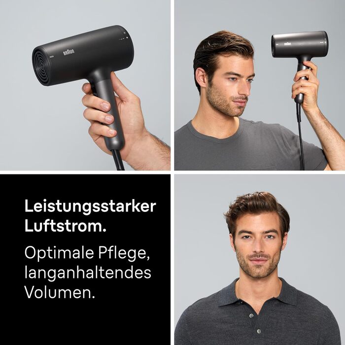 Фен Braun HD4.2 Premium легкий та потужний (2100 Вт) з технологією Super IONTEC, дифузором та насадкою для стайлінгу, 3 температури та 3 швидкості, для всіх типів волосся, чорно-сірий, BRHD425E