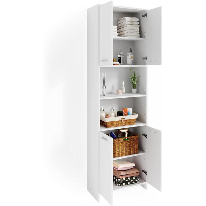 Шафка для ванної кімнати Vicco Maris, біла, 56,1 x 190 см, туалетна шафка з регульованими по висоті полицями для гнучкого використання. Біла шафка для ванної кімнати