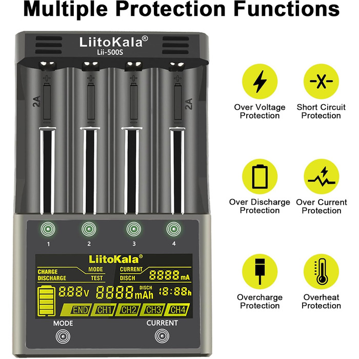 Зарядний пристрій LiitoKala Lii-500S для акумуляторів 18650, швидкий зарядний пристрій з РК-дисплеєм та сенсорним керуванням, зарядний пристрій на 4 слоти для акумуляторів типу АА з адаптером 12 В 3 А для літій-іонних, AA, AAA, Ni-MH, Ni-CD акумуляторів 1