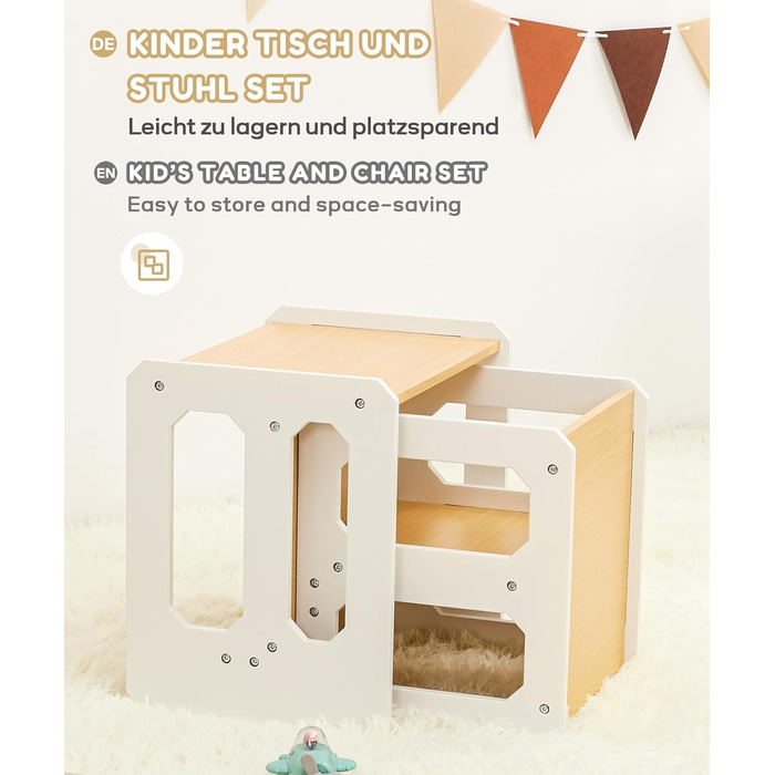 Комплект столу та стільців Yorbay для дітей, Дитячий стіл з 1 стільцем, Комплект дитячих сидінь 3-в-1 - Двосторонній стілець та дитяча лавка, що трансформується в робочу станцію, Дитячі меблі (Натуральний, M) Натуральний середній