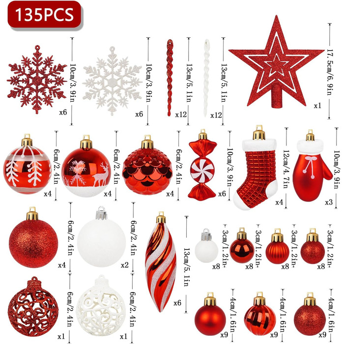 Набір різдвяних прикрас із 135 предметів червоні Miaikoe