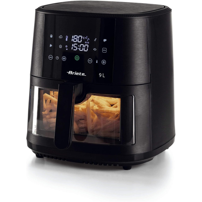Аерофритюрниця Ariete 4630, 9 л, 1500 Вт, 8 програм, функція гриля, до 3,5 кг продуктів, температура до 200 C, прозорий кошик, чорна