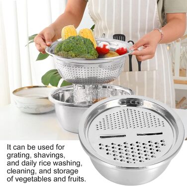 Таз з нержавіючої сталі QANYEGN з теркою, багатофункціональний кошик для зливу, терка для овочів, чаша для салатниці для кухонного інструменту (натуральний колір)