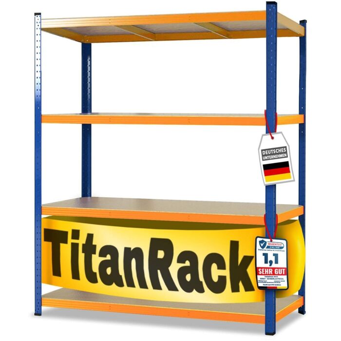 Потужний стелаж KARAT XXL, синьо-помаранчевий 200 x 180 x 60 см, стелажі для гаража, підвалу та майстерні - безболтові стелажі, широкопрохідні стелажі, підвальні стелажі, стелажі для майстерні (TitanRack Big)