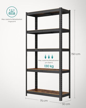 Окремостояча полиця, книжкова шафа, полиця для зберігання, 5 полиць, кухонна полиця, полиця, 30 x 75 x 150 см, вантажопідйомність до 650 кг, регульовані полиці, промисловий дизайн, вінтажний коричнево-чорний GLR030B01 30 x 75 x 150 см Вінтажний коричневий