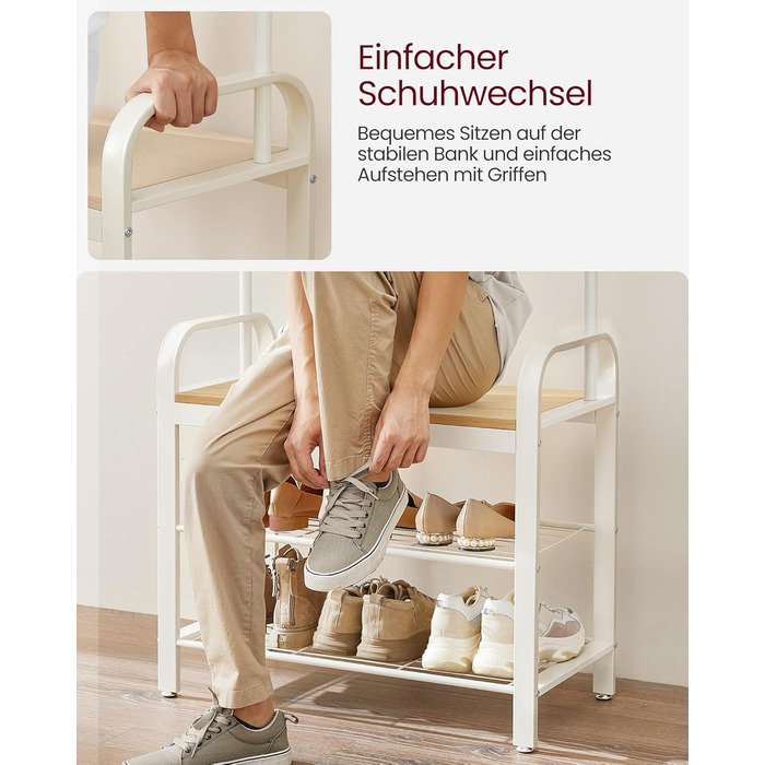 Вішалка для одягу VASAGLE, Шафа з лавкою для взуття, Дизайн 4-в-1, 9 знімних гачків, Штанга для одягу, Вхідна зона, Коридор, 33,7 x 72 x 183 см, Сучасний, Дубово-білий HSR40W 72B см Кремовий