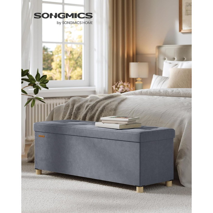 Лавка для зберігання, Складаний табурет, 38 x 110 x 40 см, Коробка для зберігання з кришкою, Пуф для ніг 112 л, Оксамит, Вантажопідйомність до 300 кг, Коридор Вітальня Спальня, Шиферно-сірий LSF0518G02 110 см 112 л Сірий