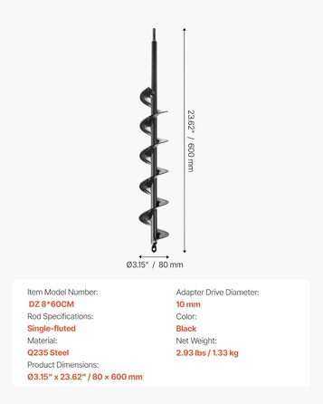 Бур для земляного буріння, діаметр 8x60 см, для стовпів, з шестигранним хвостовиком 3/8 дюйма, бур для копання ям, насадка для буріння отворів для встановлення садових стовпів та огорож