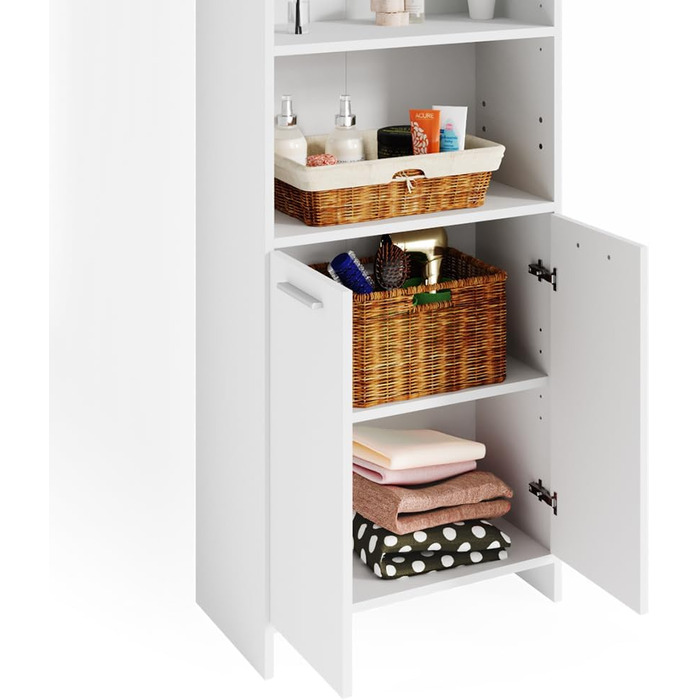 Шафка для ванної кімнати Vicco Maris, біла, 56,1 x 190 см, туалетна шафка з регульованими по висоті полицями для гнучкого використання. Біла шафка для ванної кімнати