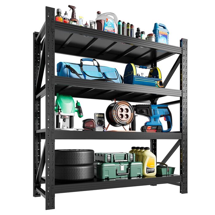 Міцний металевий стелаж, стелаж без болтів, стелаж для зберігання, стелаж для майстерні, стелаж для підвалу, стелаж для гаража, кухонний стелаж, окремостоячий стелаж, сталевий стелаж, 4 рівні, вантажопідйомність полиць 265 кг, регульовані полиці, 160x120x