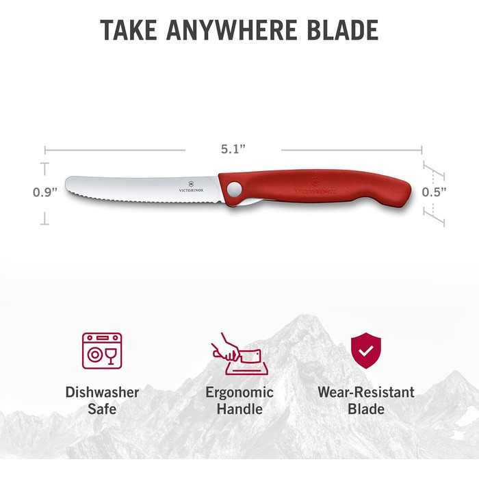 Туристичний ніж, Пікнік, Гостре лезо, Зубчастий край, 11 см, Міцна пластикова ручка, Нержавіюча сталь, Червоний Червоний Одинарний