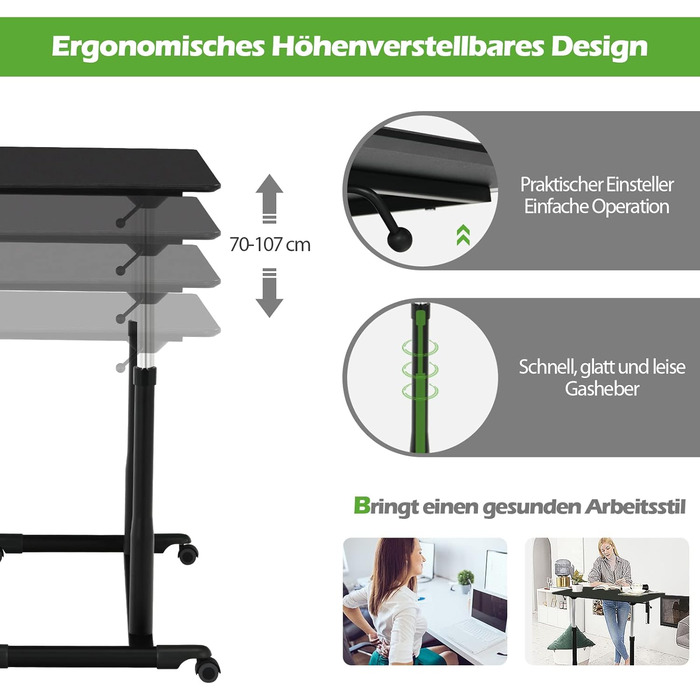Комп'ютерний стіл COSTWAY регулюється по висоті від 70-107 см, мобільний стіл на коліщатках, стіл для ноутбука на коліщатках з 2 г