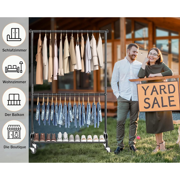 Міцна вішалка для одягу на колесах, подвійна металева вішалка для одягу, мобільна підставка для одягу, вішалка для шафи, регульована, чорна