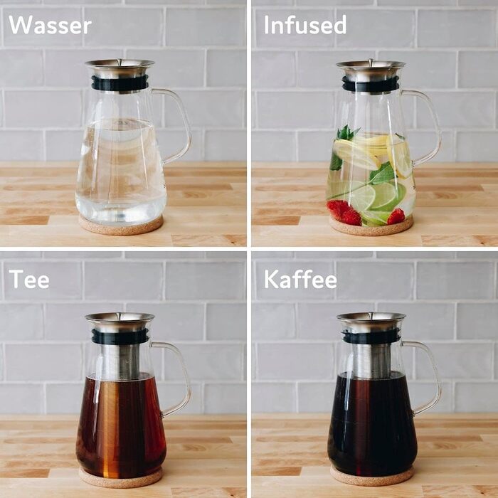 Кавоварка 3-в-1 buntfink MultiPitcher для холодного заварювання кави Графин скляний 1,5 л Графин для води з кришкою з нержавіючої сталі Кавоварка для холодного заварювання кави та чаю Без пластику