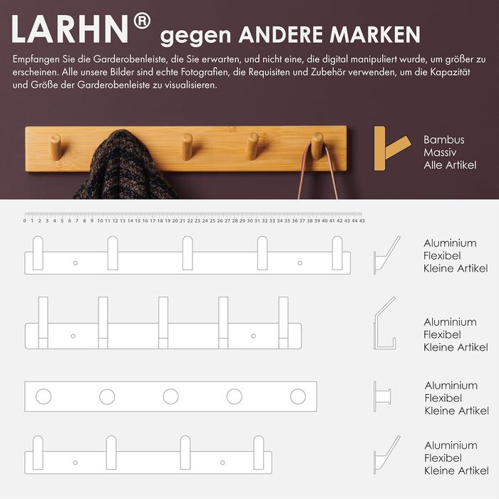 Гачки для одягу дерев'яні (2 шт.) - вішалка дерев'яна з 5 гачками - 43 см - гачки для одягу настінні - настінна вішалка для передп