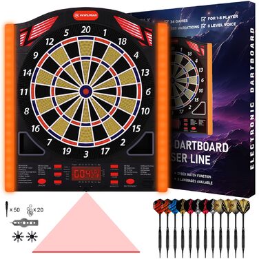 Професійний набір електронних дротиків WIN.MAX з лазерними маркерами лінії кидка/носка з німецьким голосом - підходить для батарейок/адаптерів для 1-8 гравців з 12 дротиками 2025 року - НОВИНКА - бічне освітлення
