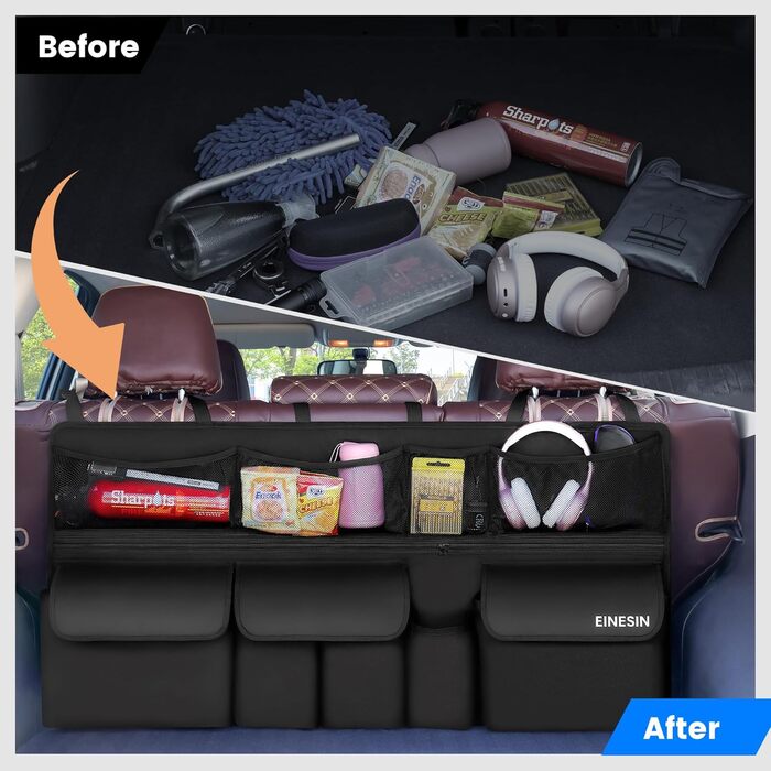 Органайзер для багажника автомобіля, багатофункціональна сумка для зберігання речей з сітчастими кишенями, 9 кишень, чорний, 105x52 см