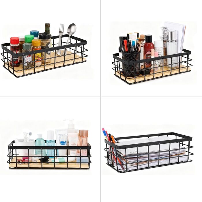 Дротяний кошик, металевий кошик, металевий кошик для зберігання у ванній кімнаті, металевий кошик зі знімною дерев&39яною основою, настінний кошик для дому, для фруктів та закусок, кухонна комора, 2 предмети, 29x13x10 см, чорний