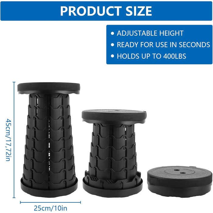 Телескопічний стілець DAJAVE з 2 предметів, складний портативний стілець з високою вантажопідйомністю, підходить для кемпінгу на свіжому повітрі, риболовлі, сімейного відпочинку та використання в приміщенні, чорний