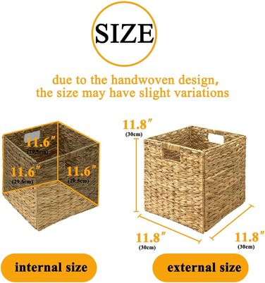 Кошики для зберігання Kallax з 4 предметів, вкладиші з водяного гіацинта для полиць, складні коробки Kallax, плетений кошик для зберігання, кошик для білизни для полиць, плетені контейнери для ванної кімнати (30 см * 30 см * 30 см), комплект з 4 предметів