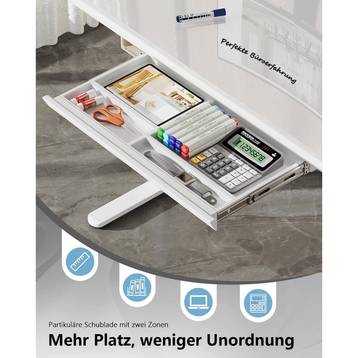 Стіл Homall Glass з регульованою висотою, 120 x 60 см, електричний стіл з регульованою висотою та шухлядою, стіл для домашнього офісу з можливістю сидіти та стояти, білий 120 x 60 см, білий