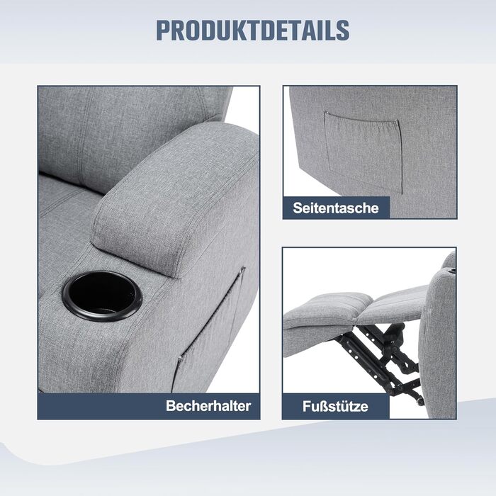 Крісло для телевізора, відкидне крісло, масажне крісло з функцією підігріву та вібрації, пульт дистанційного керування, поворот на 360, лляно-сірий колір