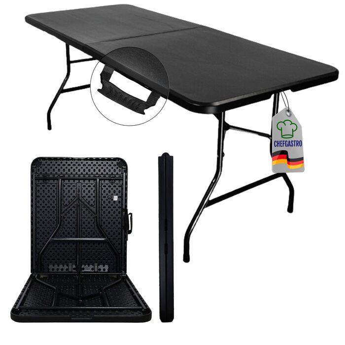 Складаний фуршетний стіл 180x75 см, водонепроникний садовий стіл з ручкою для перенесення, 8 осіб, пластиковий чорний, складаний стіл, портативний кемпінговий стіл на відкритому повітрі для саду, тераси, балкону, вечірки, фуршетний стіл, гладкий чорний