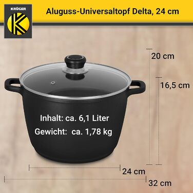 Лита алюмінієва універсальна каструля Krger Delta зі скляною кришкою - 24 см - каструля для приготування здорових та нежирних стра