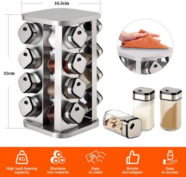 Стійка для спецій PTUWODS з 16 квадратними банками для спецій, карусель для спецій з нержавіючої сталі, що обертається на 360, органайзер для спецій, контейнери для спецій зі вставкою-шейкером, 16 банок