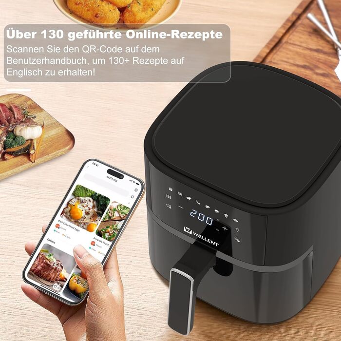 Аерофритюрниця Wellent 4.3 л з оглядовим вікном, фритюрниця для фритюрниці з сенсорним екраном, 8 функцій приготування, можна мити в посудомийній машині, енергозбереження, без олії та приготування з низьким вмістом жиру 4.3 л