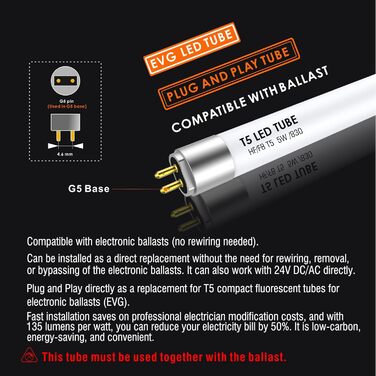 Світлодіодна трубка IHYCTV T5 288 мм, 5 Вт, світлодіодні трубки G5 для електронного баласту, 3000 К, 685 лм, модернізована заміна класичної люмінесцентної лампи T5 L 8 Вт, 24 В DC/AC, тепле біле світло, 3 шт.