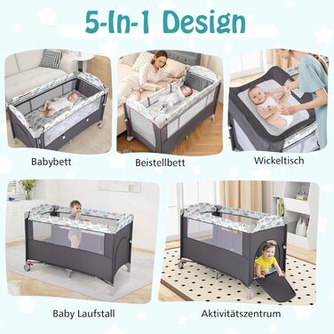 Дитяче ліжечко DREAMADE 120 x 60 см з колесами, дорожнє ліжечко 4 в 1 з матрацом, складне дитяче ліжечко як пеленальний столик та манеж, дорожнє ліжечко для малюків від народження (сіре)