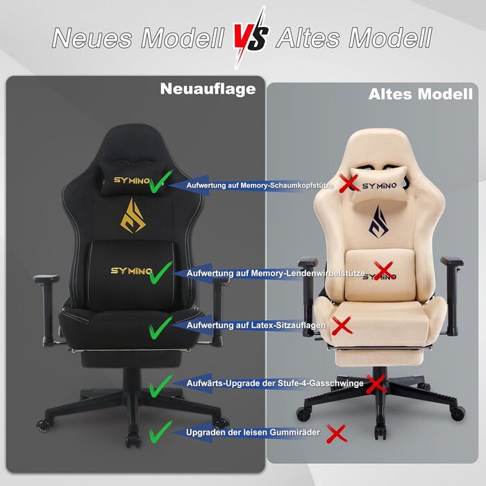 Ігрове крісло Symino з латексною подушкою сидіння, вантажопідйомність 300 кг, ергономічне комп&39ютерне крісло з поперековою опорою та підголівником з піни з ефектом пам&39яті, дихаюче офісне крісло зі штучної замші, чорне