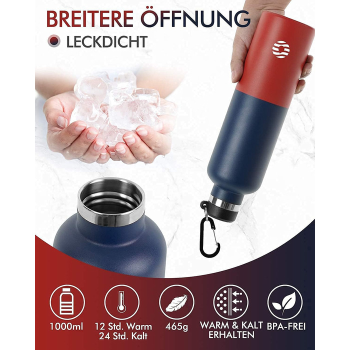 Пляшка для води FEIJIAN з нержавіючої сталі 1 л з карабіном - герметична термос для газованих напоїв, кави, чаю, без BPA, спортивна та туристична пляшка для води з газованими напоями, для університету, школи, кемпінгу, велоспорту, синьо-червона, 1000 мл