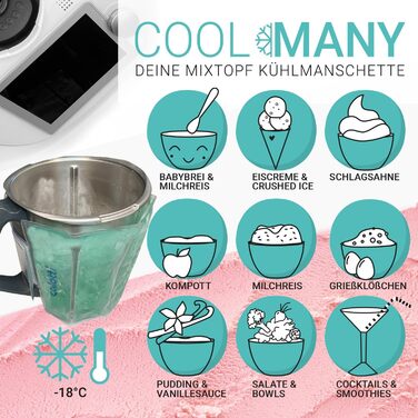 Ваш охолоджуючий рукав для міксерної чаші Thermomix TM6, TM5 і TM31. Просто зачепіть і закрутіть навколо миски для змішування та остудіть. Тримає миску для змішування в прохолоді протягом години. TM5, TM6 і TM31 Монетний двір