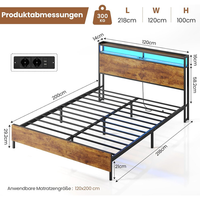 Ліжко 120x200 см зі світлодіодним освітленням та 2 USB 2 розетками змінного струму. Металевий каркас ліжка 120x200 з металевим каркасом та дерев&39яним узголів&39ям з місцем для зберігання речей, каркас двоспального ліжка. Міцне та стійке. Легке складання