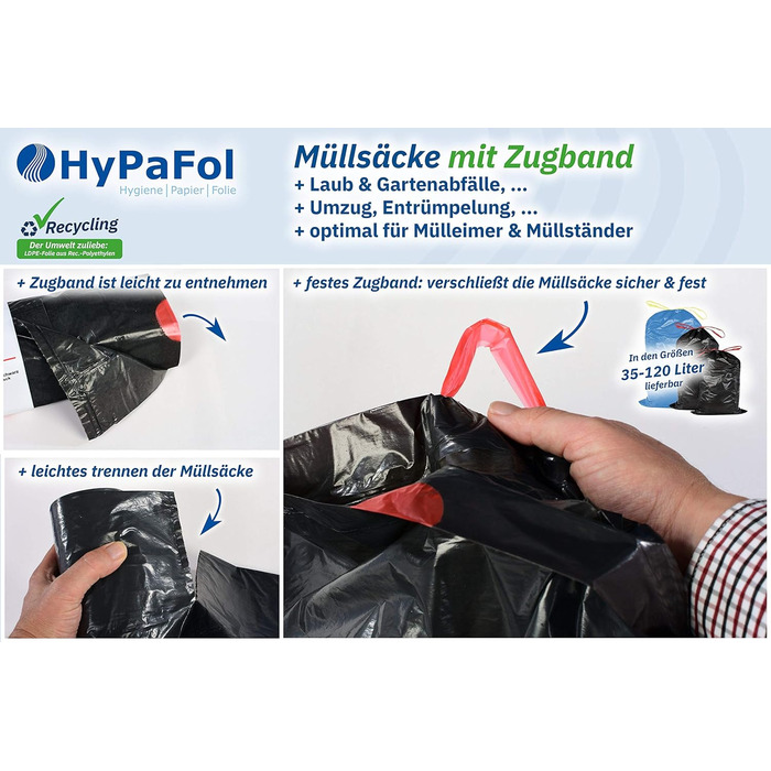 Сміттєві пакети Hypafol Тип 60 зі шнурком, 120 л Пакети для сміття для дому, саду та промисловості Надзвичайно міцні та стійкі до розривів Сині надміцні сміттєві пакети з високоякісного матеріалу 125 шт. (25 шт. в упаковці) 120 літрів