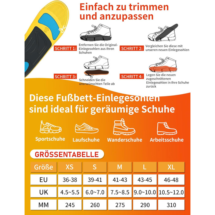 Ортопедичні устілки для комфорту на роботі протягом усього дня, устілки з високою підтримкою склепіння стопи при плантарному фасціїті, п&39ятковій шпорі, плоскостопості, болю в стопі, розподіляють тиск на стопу - XL (EU 46-48) 31 см Змішана (помаранчева ж