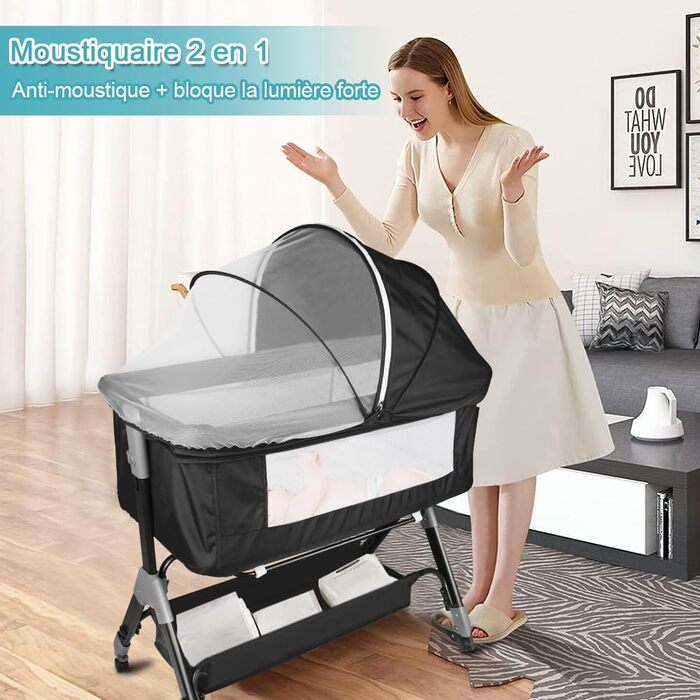 Дитяче ліжечко 3-в-1, дитяча колиска та дорожнє ліжечко, 4-рівневе регулювання висоти дитячого ліжечка, відкидне крісло, ліжечко, колиска для дітей вагою до 25 кг - 104 x 52 x 100-110 см - чорний колір